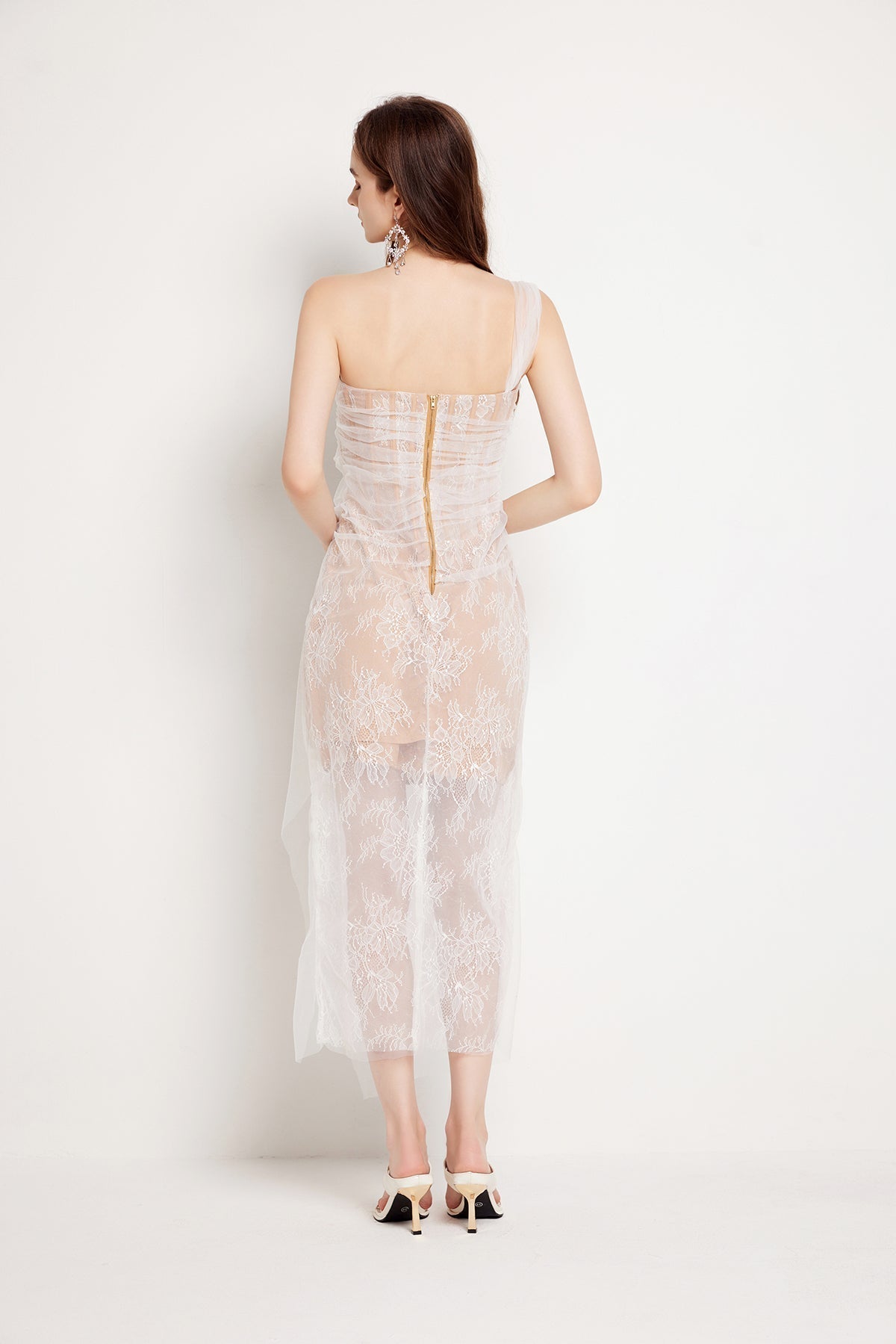 Floral Lace Strapless Tulle Drape Wrap Tie Sheer Overlay Asymmetrical Midi Dress