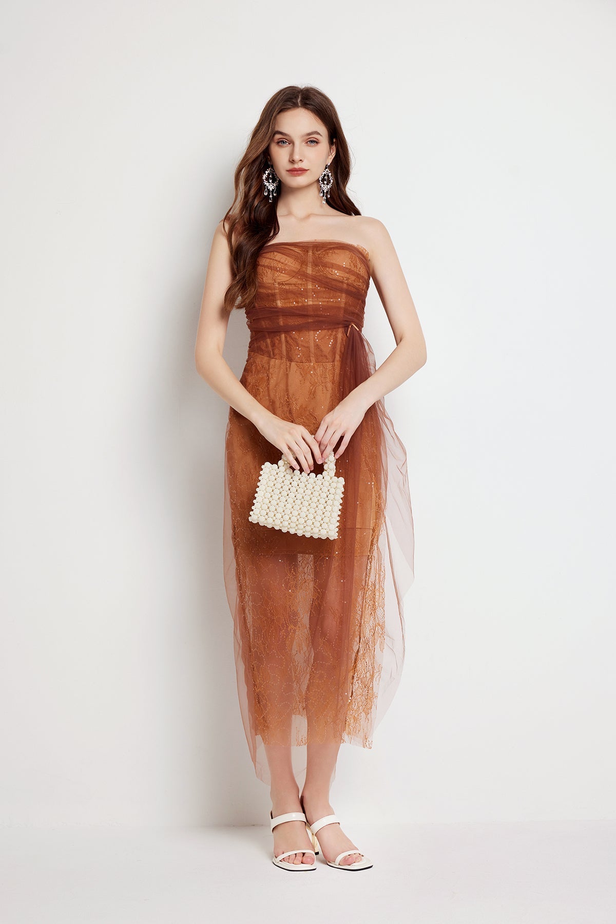 Floral Lace Strapless Tulle Drape Wrap Tie Sheer Overlay Asymmetrical Midi Dress