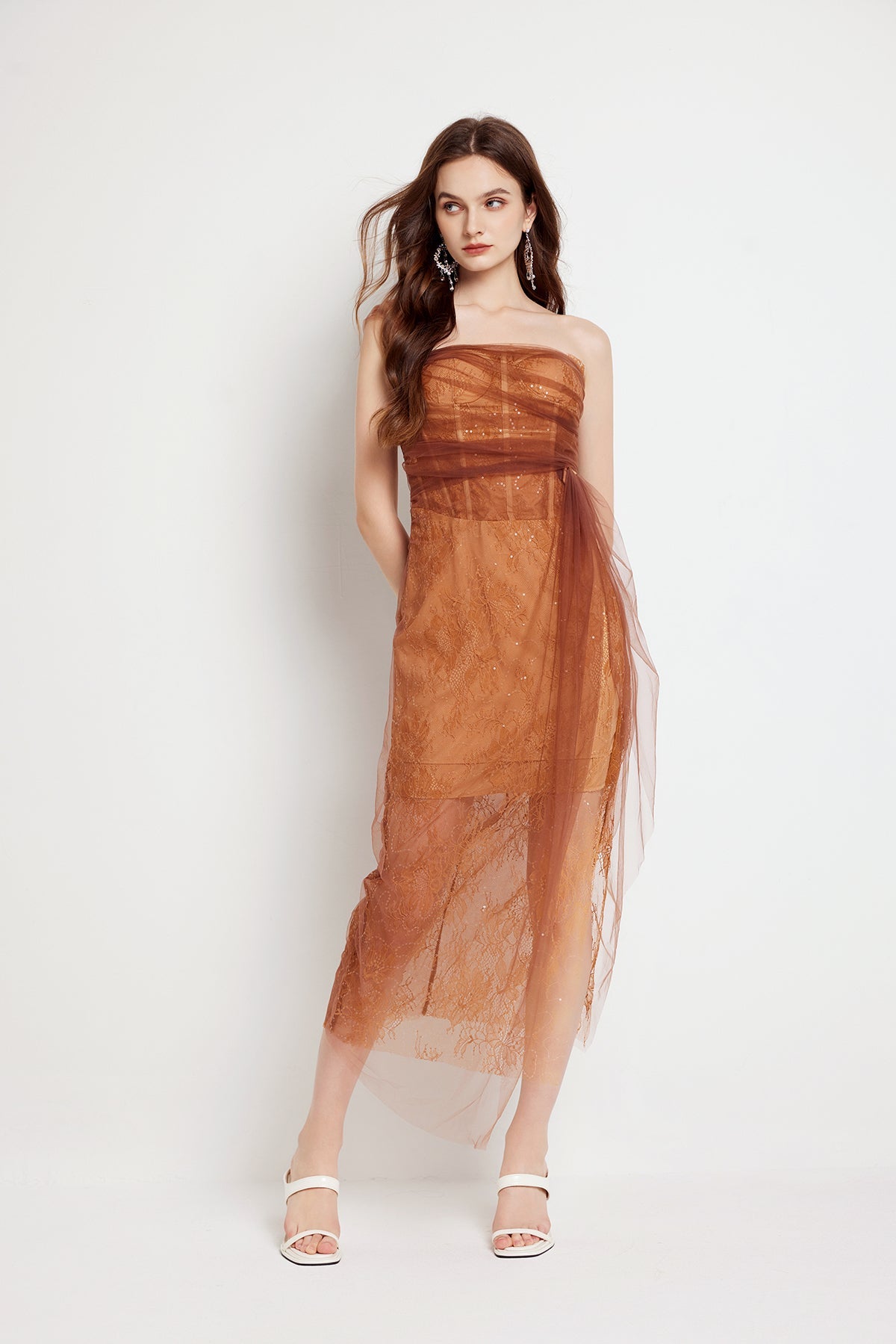 Floral Lace Strapless Tulle Drape Wrap Tie Sheer Overlay Asymmetrical Midi Dress