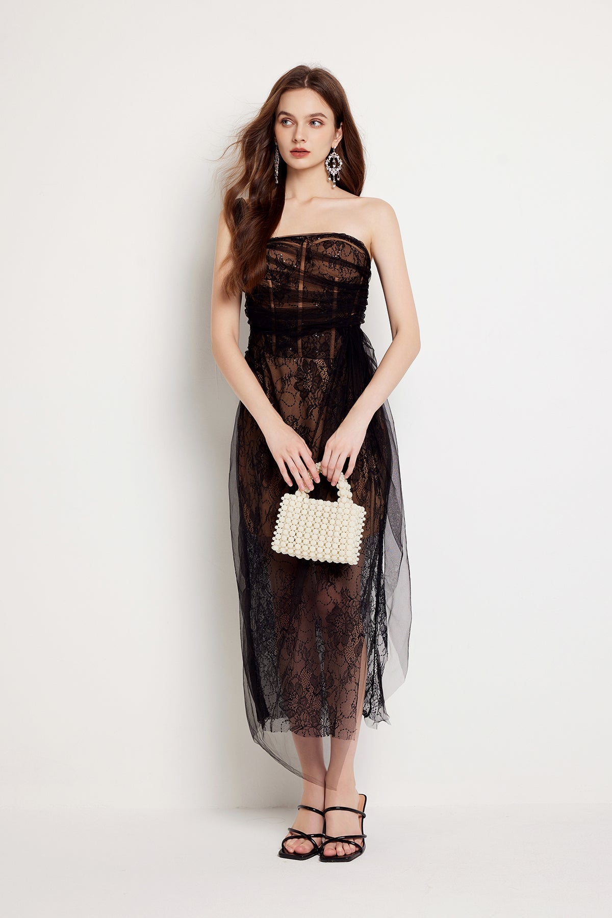 Floral Lace Strapless Tulle Drape Wrap Tie Sheer Overlay Asymmetrical Midi Dress