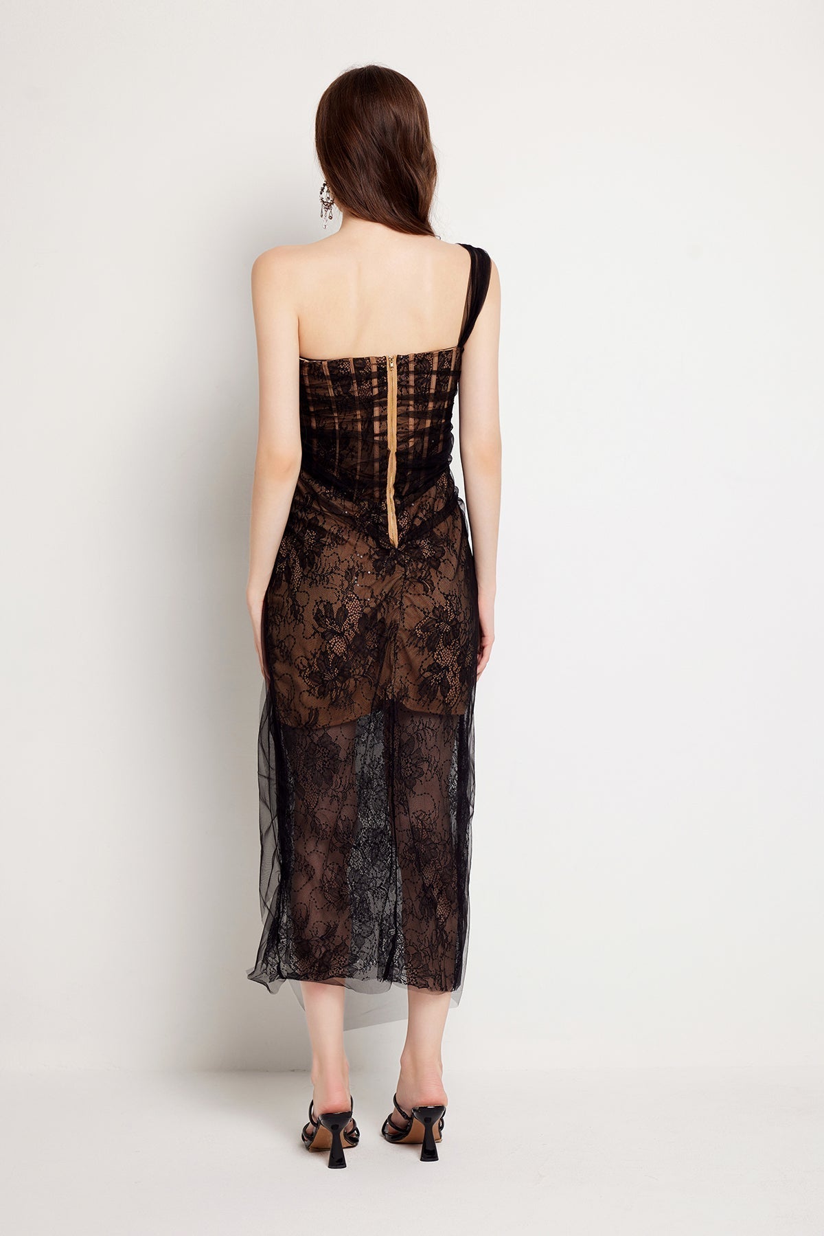 Floral Lace Strapless Tulle Drape Wrap Tie Sheer Overlay Asymmetrical Midi Dress