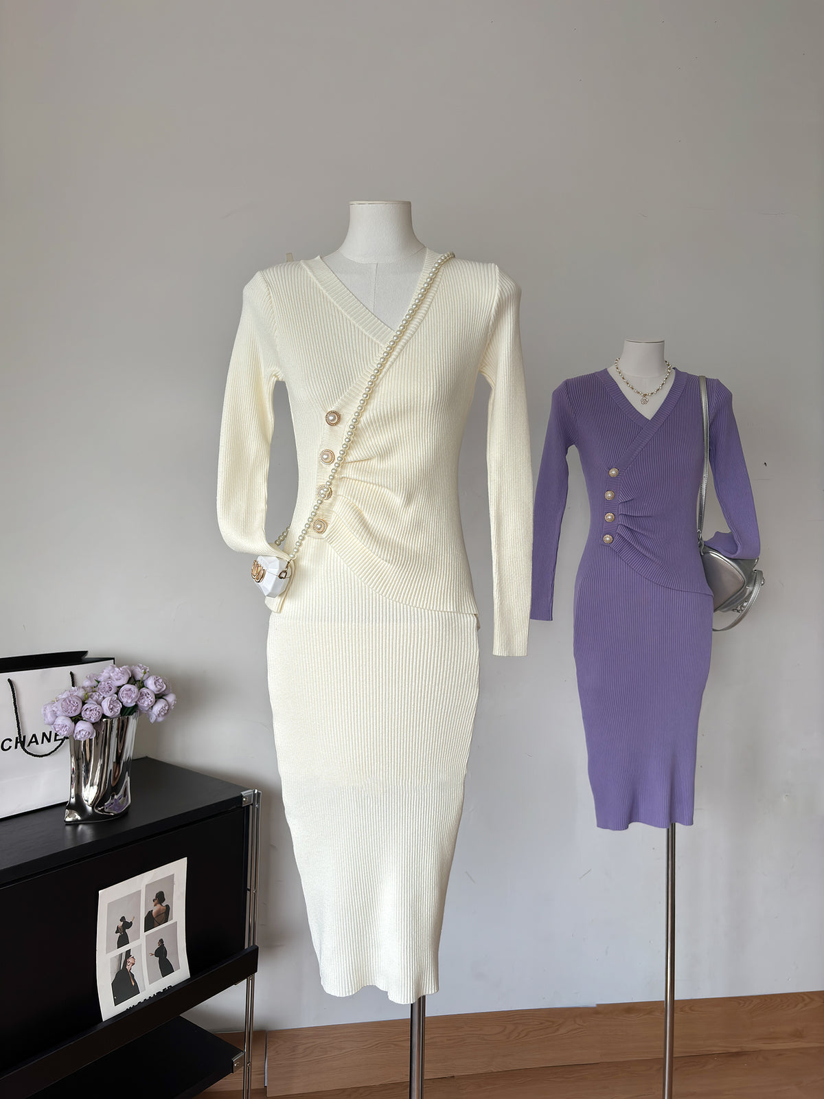 Ribbed Knit V-Neck Long Sleeve Ruched Button Side Split Bodycon Midi Dress 2