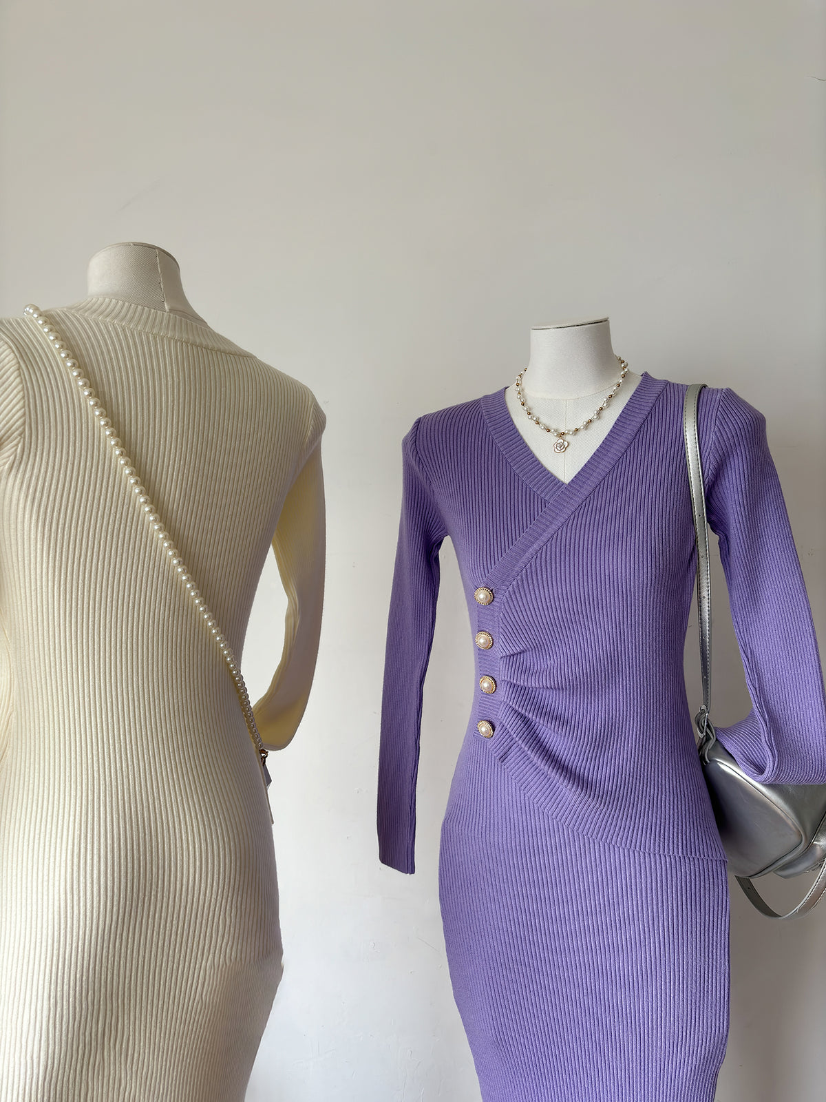 Ribbed Knit V-Neck Long Sleeve Ruched Button Side Split Bodycon Midi Dress 3
