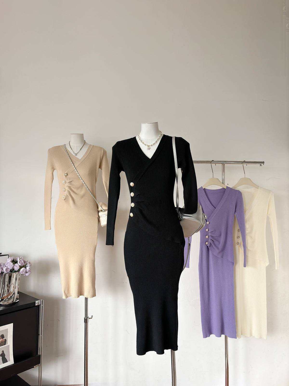 Ribbed Knit V-Neck Long Sleeve Ruched Button Side Split Bodycon Midi Dress 4