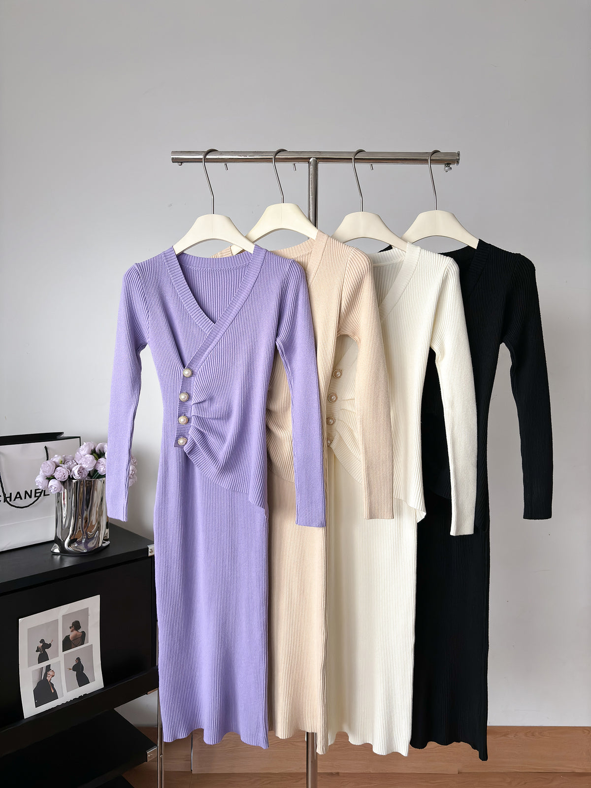 Ribbed Knit V-Neck Long Sleeve Ruched Button Side Split Bodycon Midi Dress 6