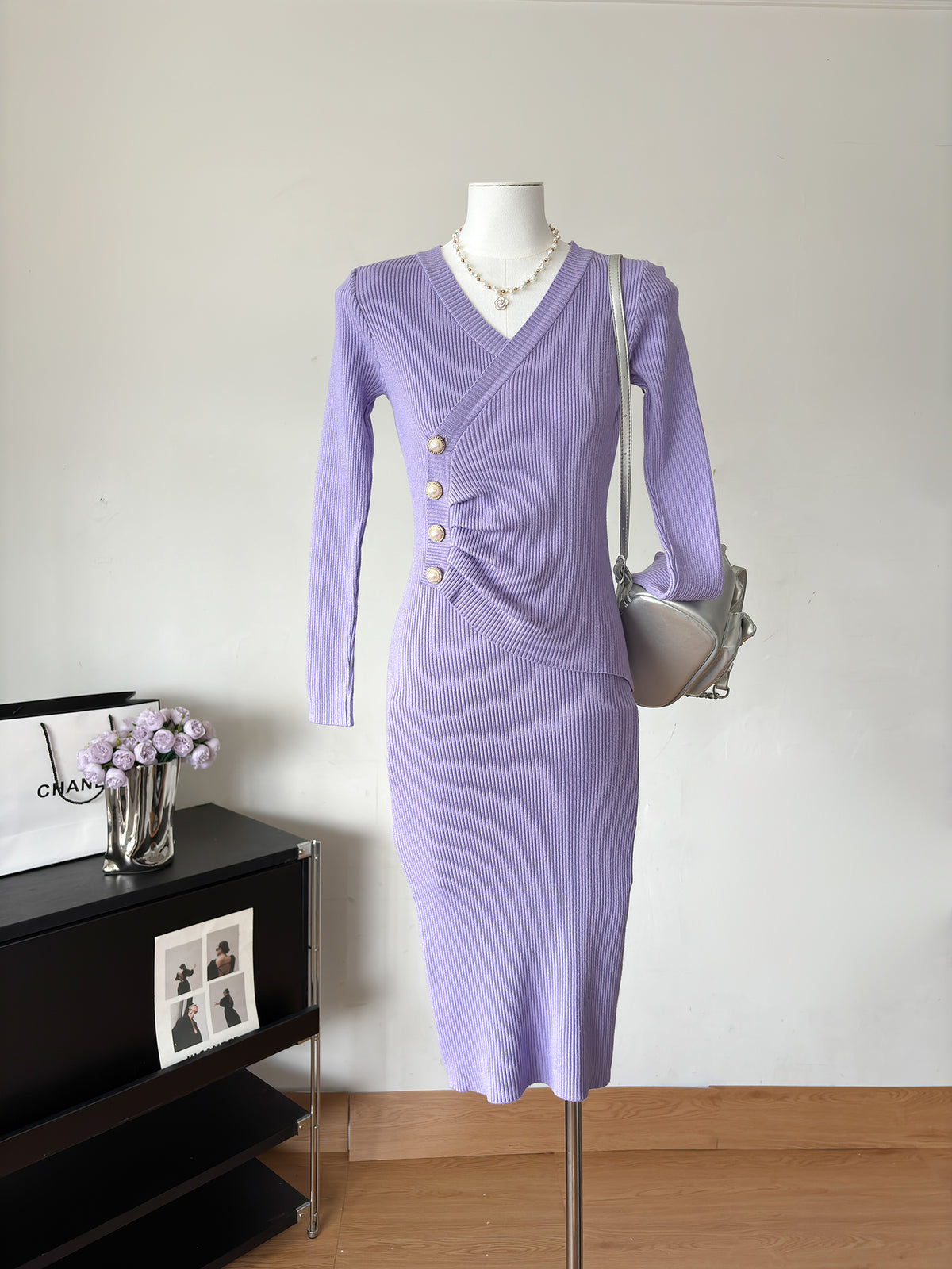 Ribbed Knit V-Neck Long Sleeve Ruched Button Side Split Bodycon Midi Dress 12