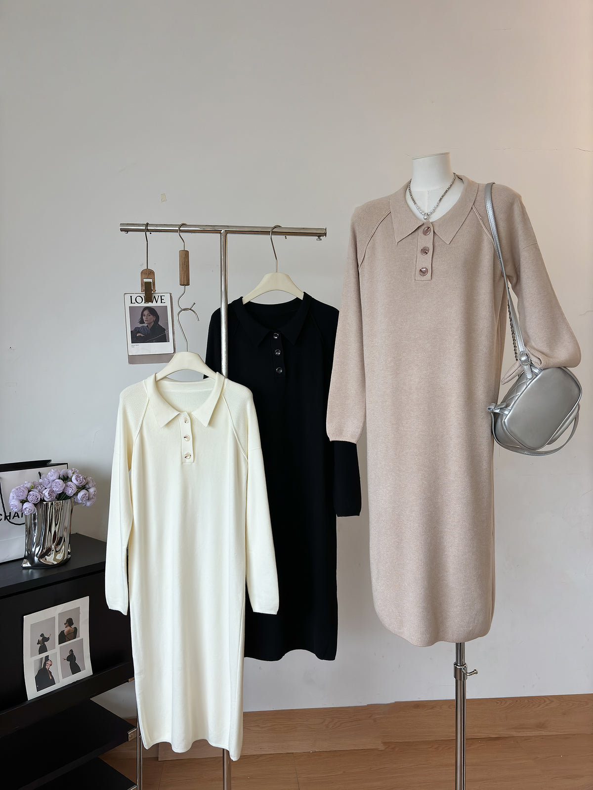 Polo Collar Button Placket Long Sleeve Knit Midi Sweater Dress 4