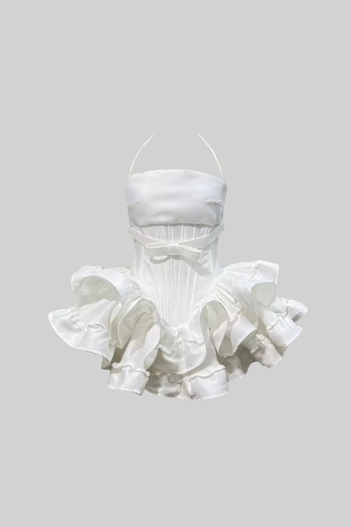 Halter Neck Bow Waist Corset Tiered Ruffle Satin Mini Dress