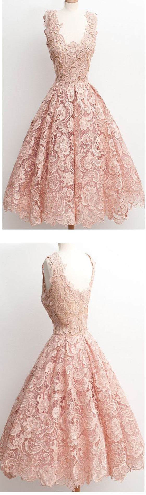 Floral Lace Scoop Neck Sleeveless Vintage Tea Length Homecoming Dress 2