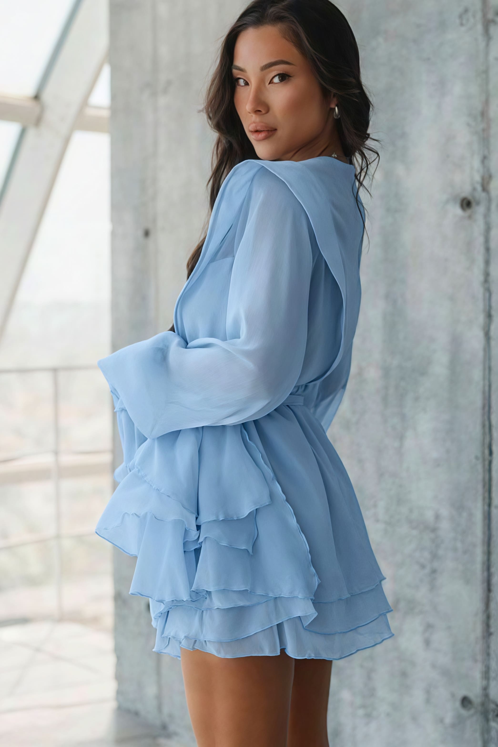Long Sleeve Tie Mesh Sheer Tiered Mini Dress - View 3