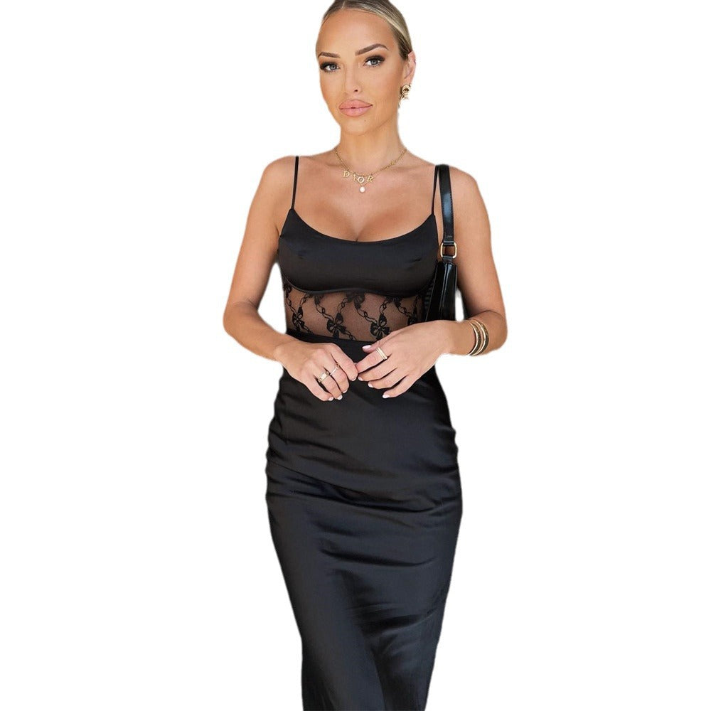 Satin Cami Lace Inset Waist Ruffle Hem Slip Midi Dress 5