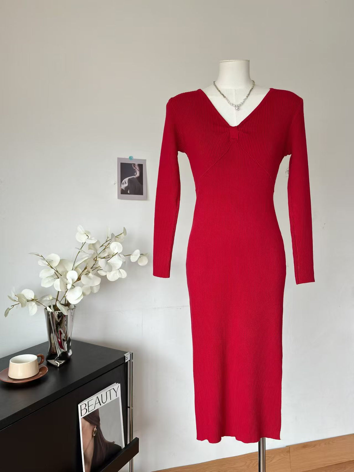 Women Spring And Autumn Long Sleeved V Neck Split Dress