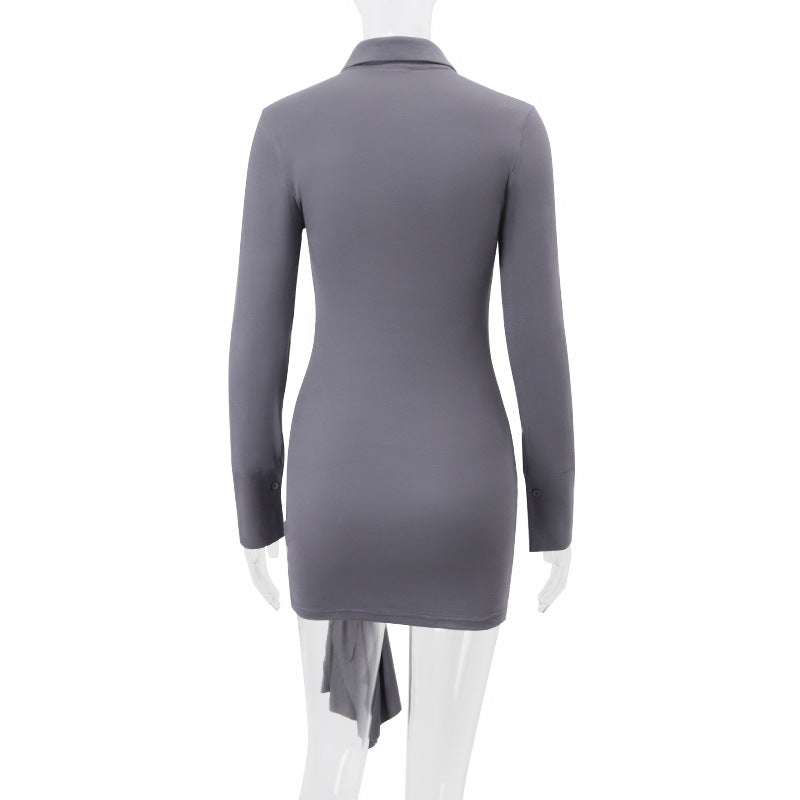 Sheer Knit Polo Collar Half Button Long Sleeve Wrap Tie Bodycon Mini Dress 7