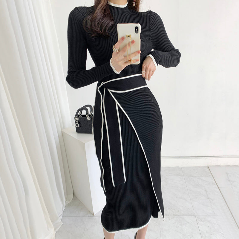 Ribbed Knit Mock Neck Long Sleeve Contrast Trim Wrap Tie Midi Sweater Dress 2