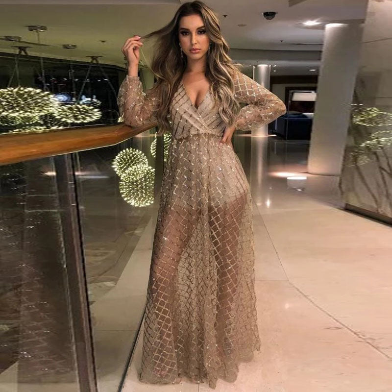 Women Clothes Dress Hollow Out Cutout Sexy V Neck Backless Bronzing Dress