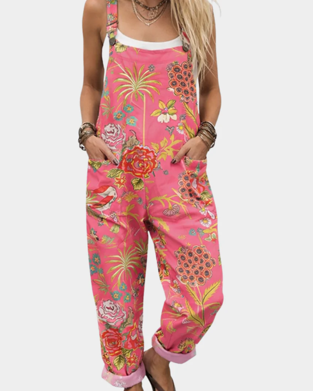 Wildflower Print Cuffed Leg Overall Jumpsuit with Pockets