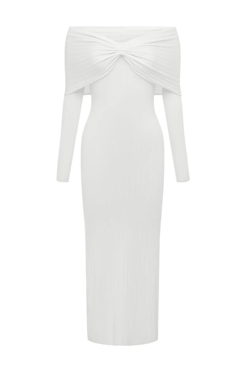 Off Shoulder Long Sleeve Ribbed Knit Twist Front Maxi Dress 11