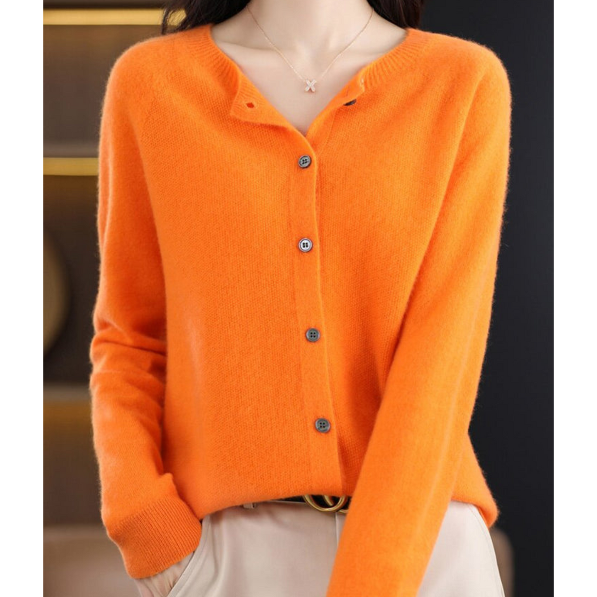 Round Neck Button Front Long Sleeve Knit Cardigan