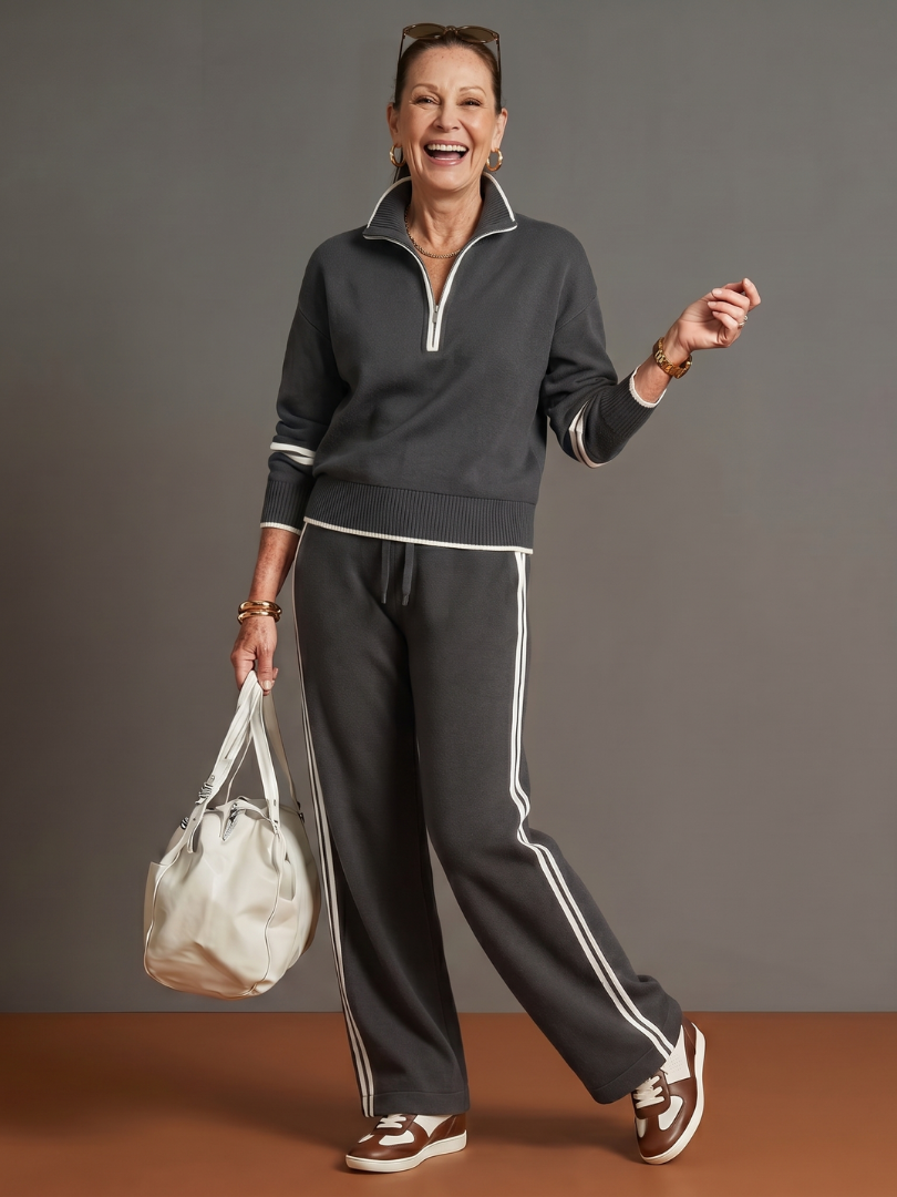 Quarter Zip Sweatshirt and Side Stripe Wide Leg Pants Two Piece Set