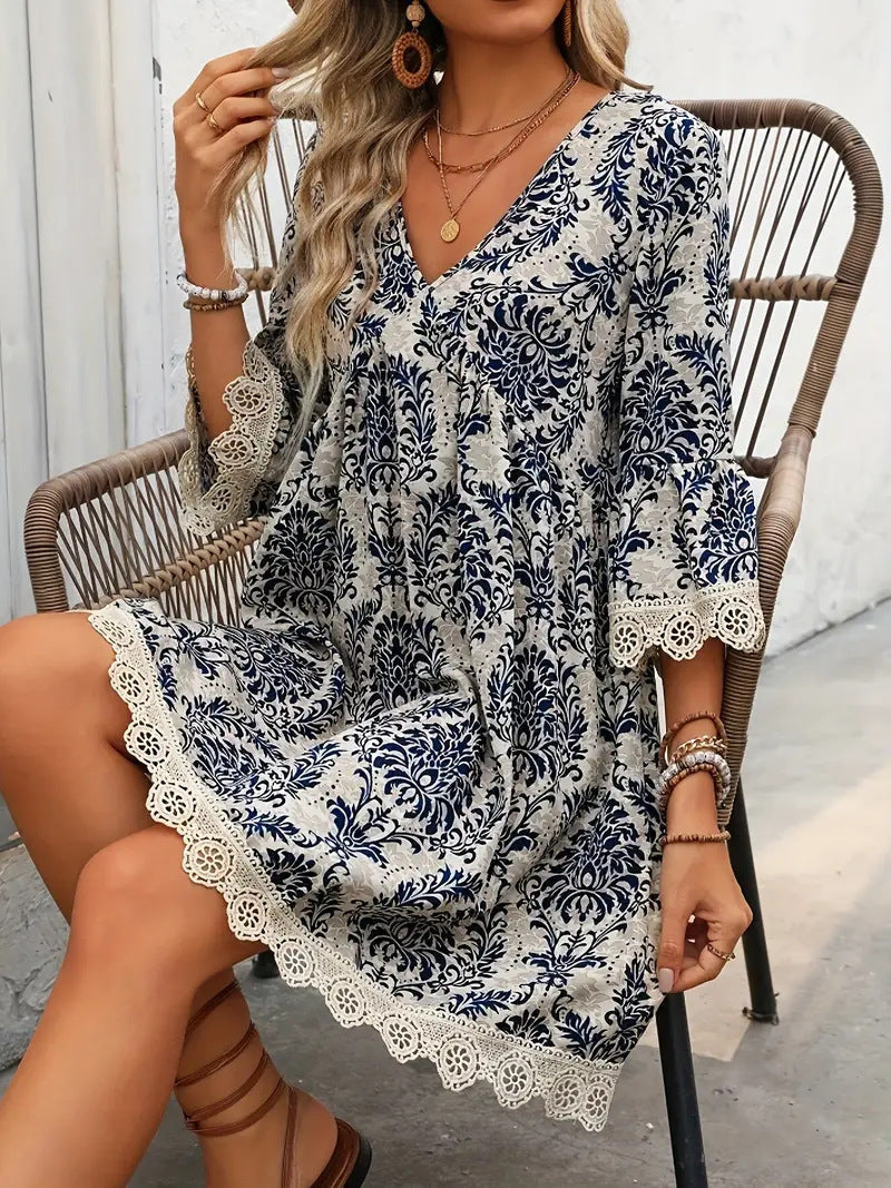 Boho Print Deep V-Neck Lace Trim Mini Dress 4