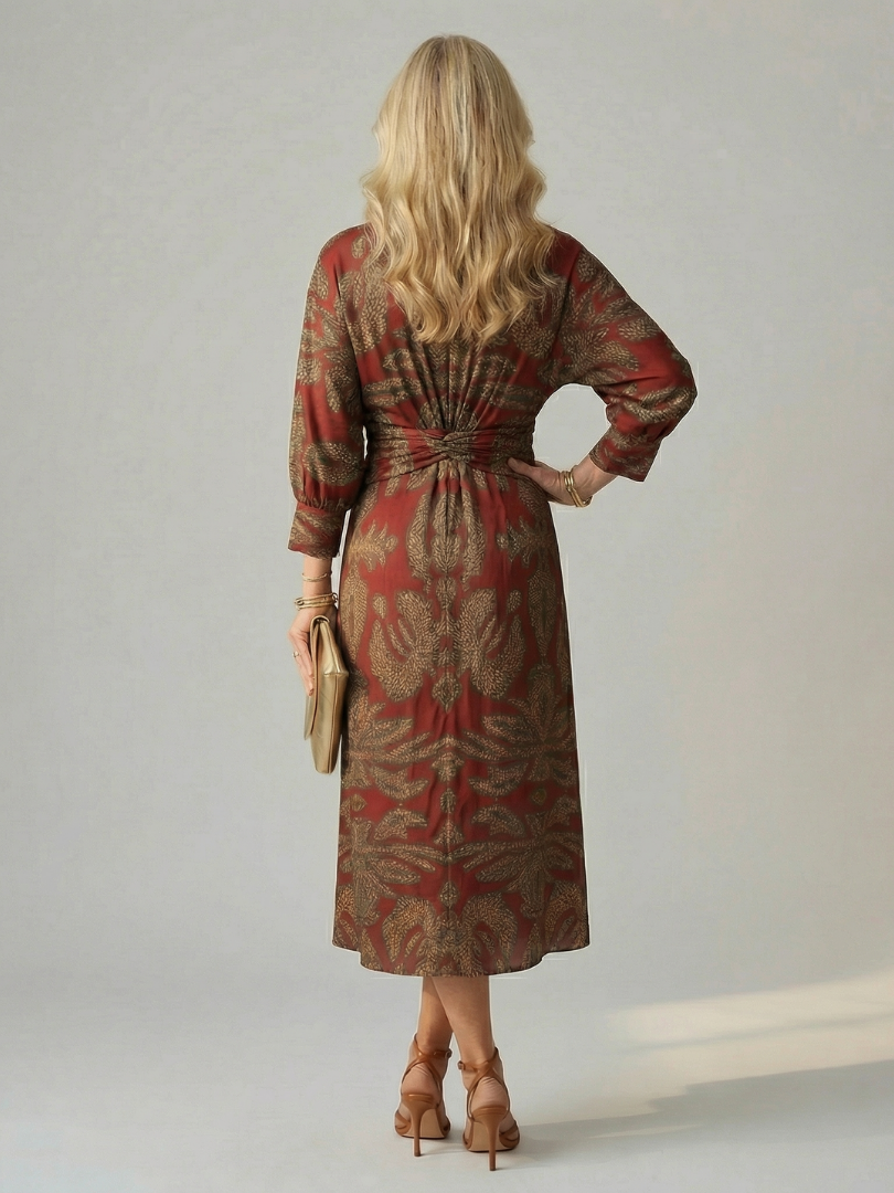 Paisley Print V-Neck Twist Front Long Sleeve Midi Dress