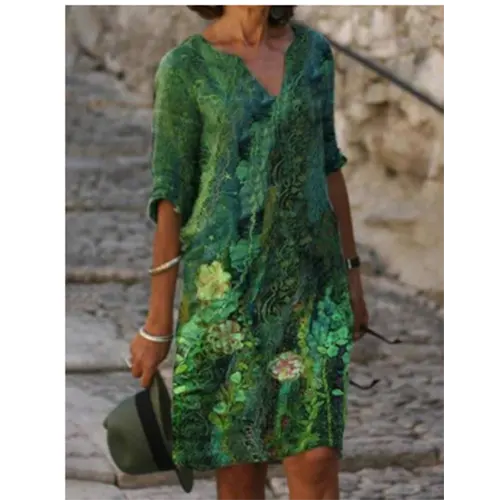 V-Neck Three Quarter Sleeve Relaxed Fit Knee Length Shift Dress