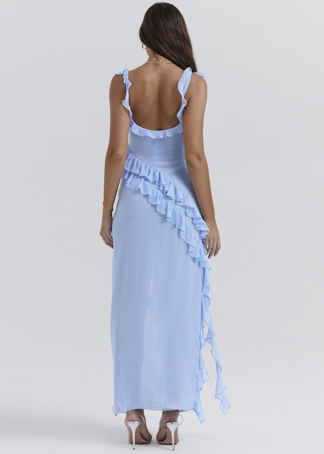 Sweetheart Ruffle Strap Cascading Ruffle High Split Maxi Gown