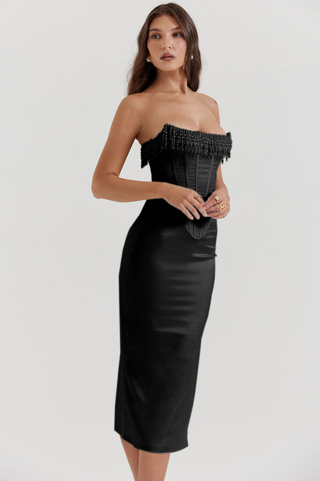Pearl Fringe Strapless Corset Boned Bodycon Midi Dress