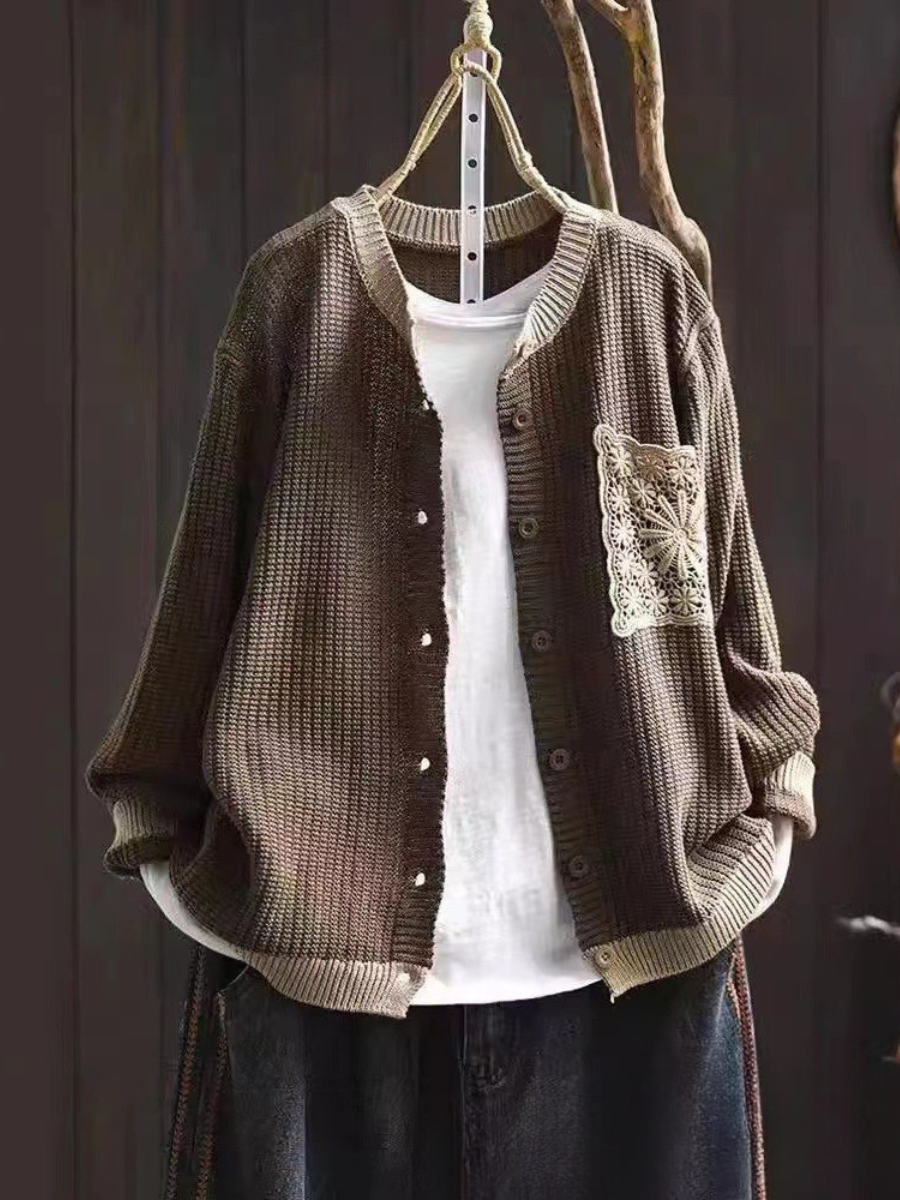 Round Neck Button Front Crochet Pocket Knit Cardigan