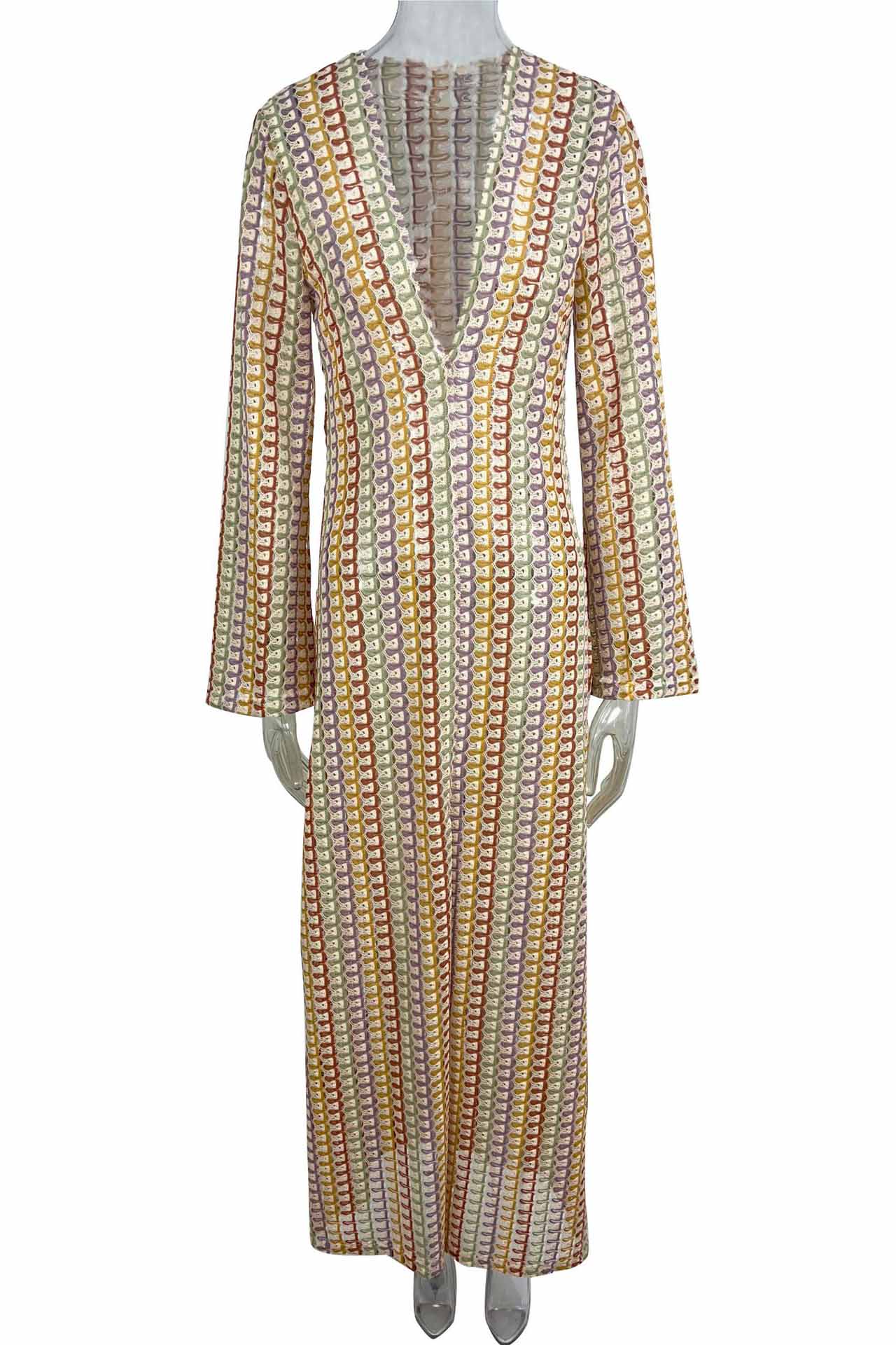 Crochet Deep V-Neck Long Sleeve Striped Boho Maxi Dress