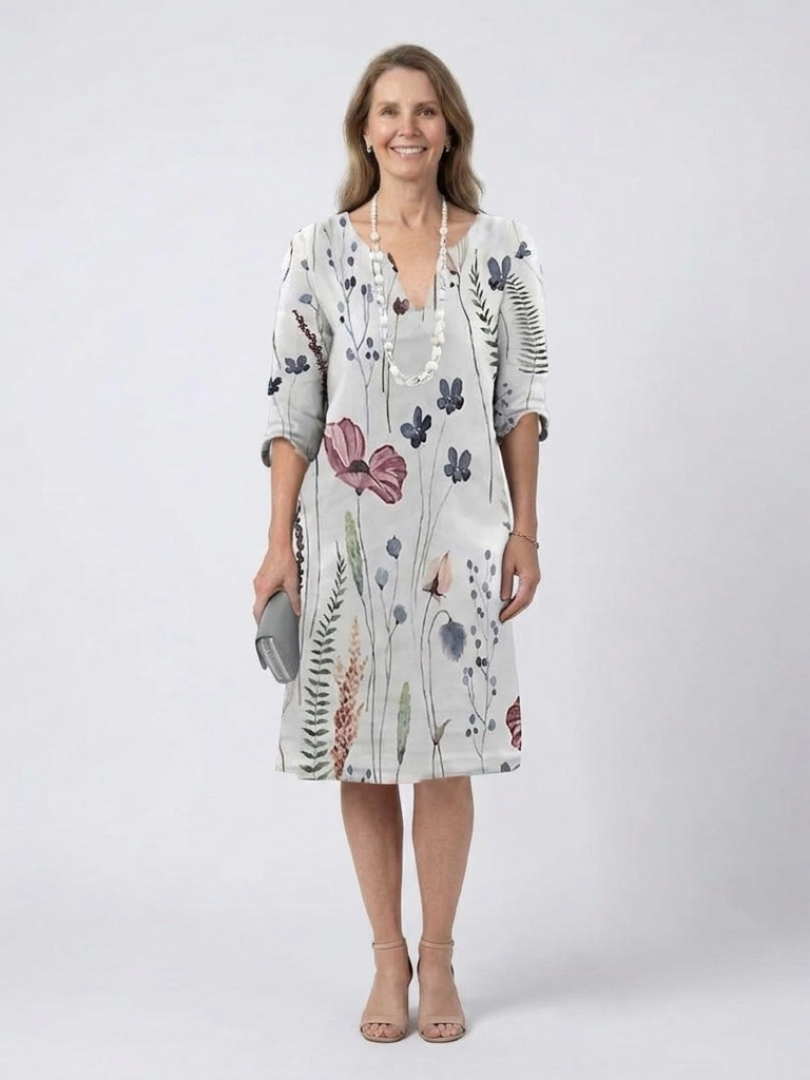 Botanical Floral Print V-Neck Roll Sleeve Shift Dress