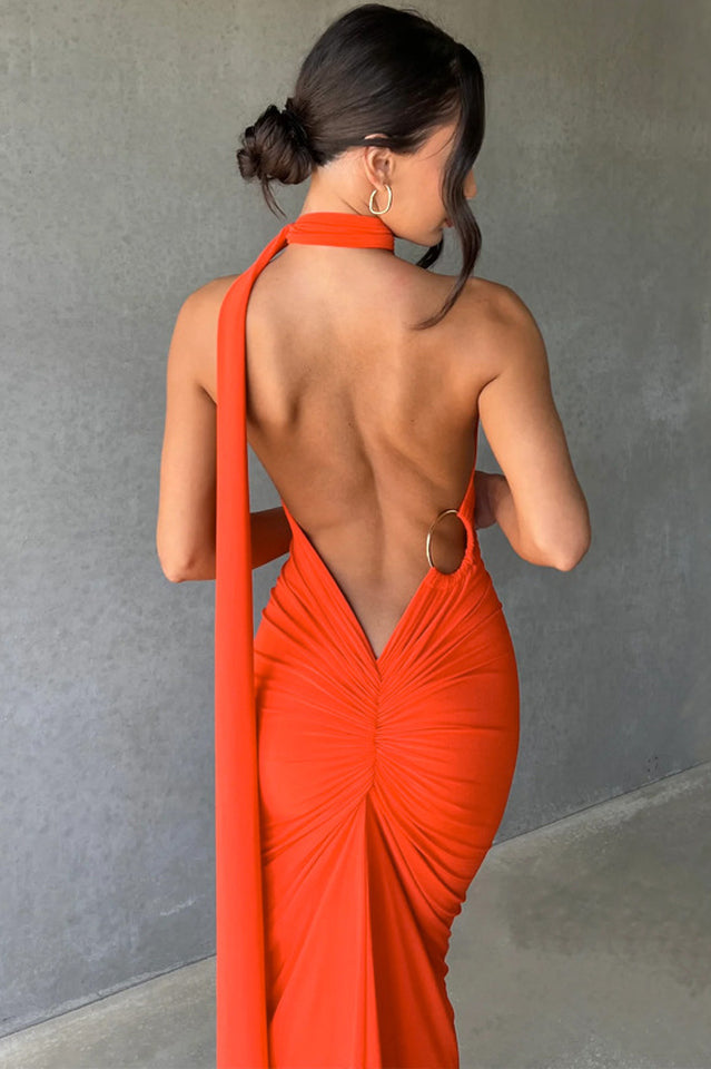 One Shoulder Ruched Open Back Trailing Sash Floor Length Gown