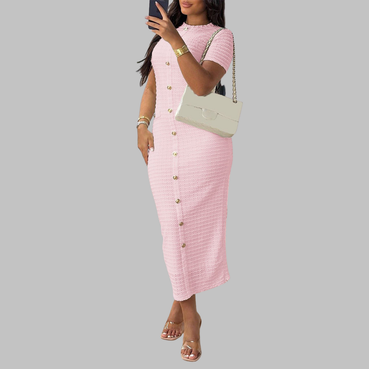 Mock Neck Short Sleeve Button Front Bodycon Midi Dress 10