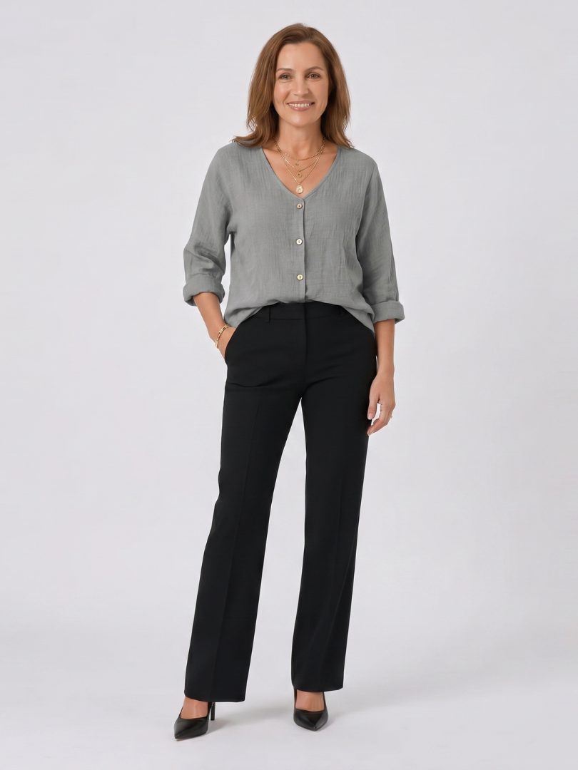 V-Neck Button Front Long Sleeve Crinkle Blouse