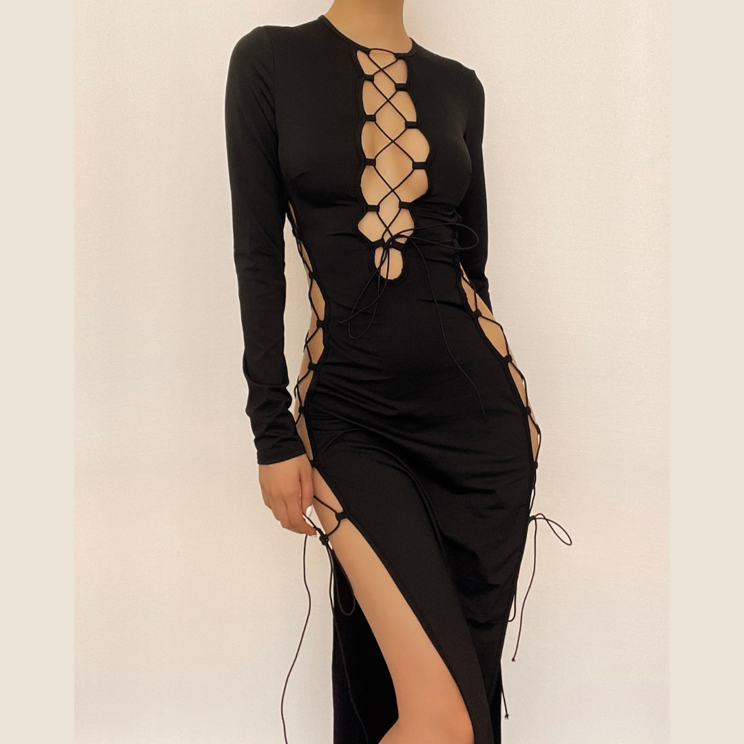 Long sleeve solid hollow out slit self tie lace up midi dress 2