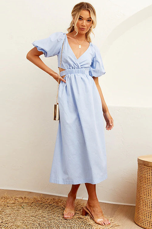 In Love Forever Puff Sleeve Cutout Midi Dress - 4 Colors Blue