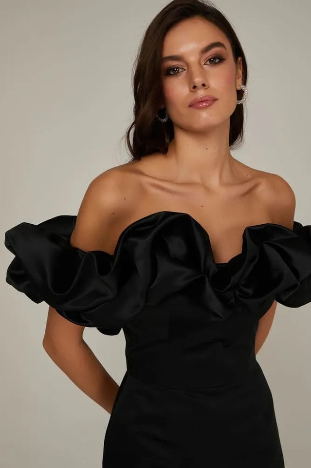 Off Shoulder Ruffle Peplum Corset Structured Satin Mini Dress