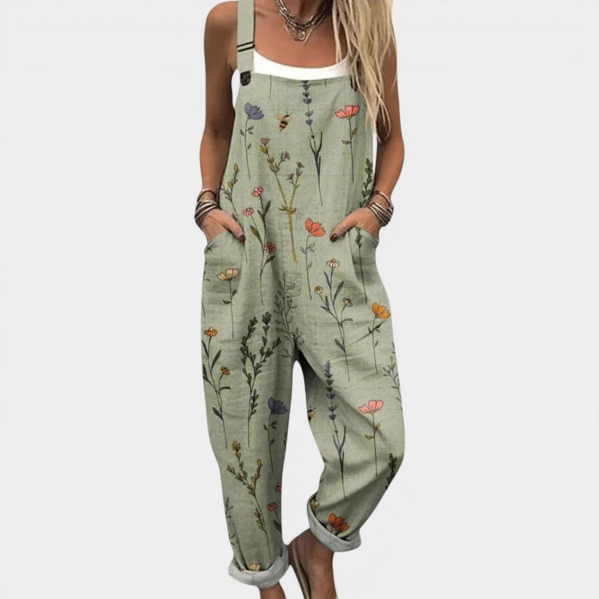 Floral Sleeveless Pocket Wide Leg Overall Jumpsuit
