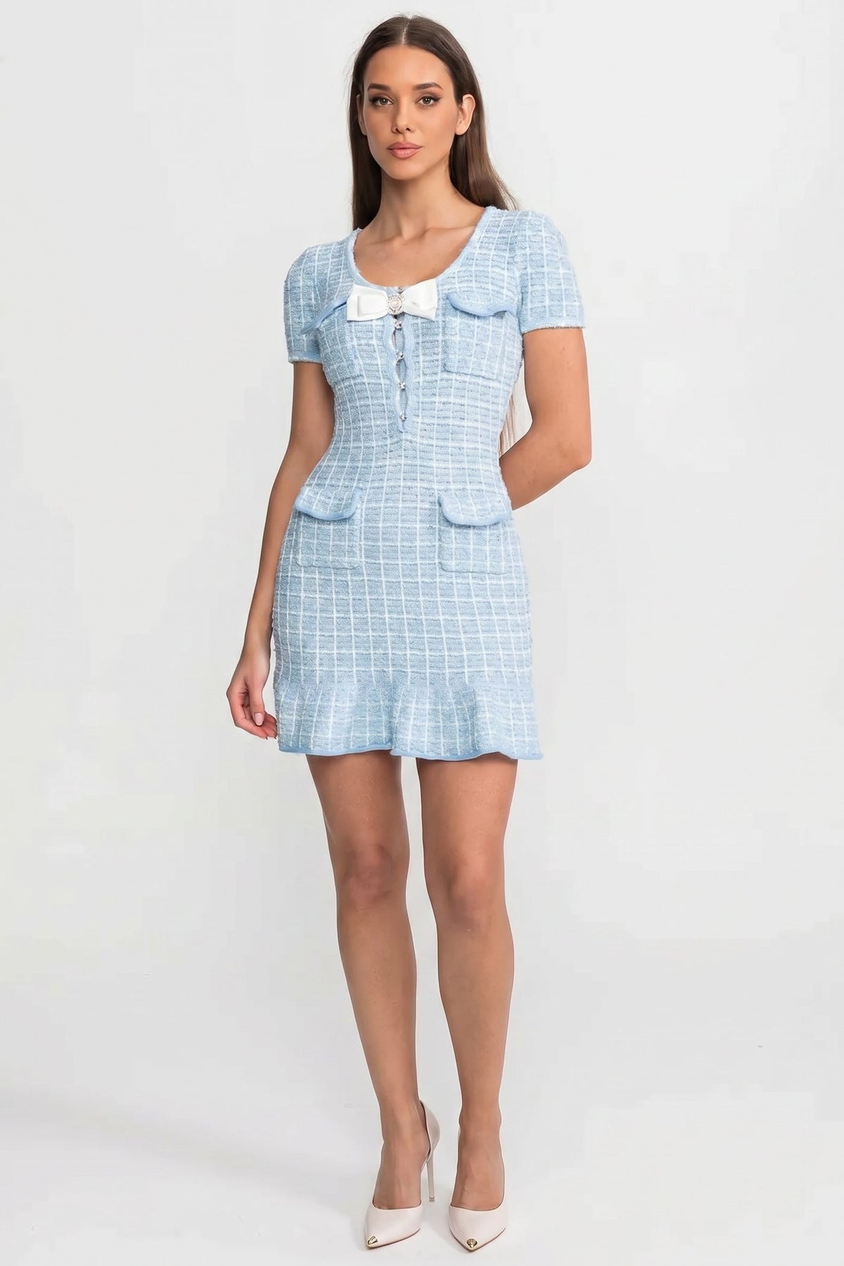 Tweed Bow Crystal Button Patch Pocket Ruffle Hem Mini Dress - View 4