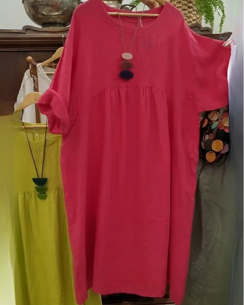 Linen Look Round Neck 3/4 Sleeve Loose Midi Dress 5