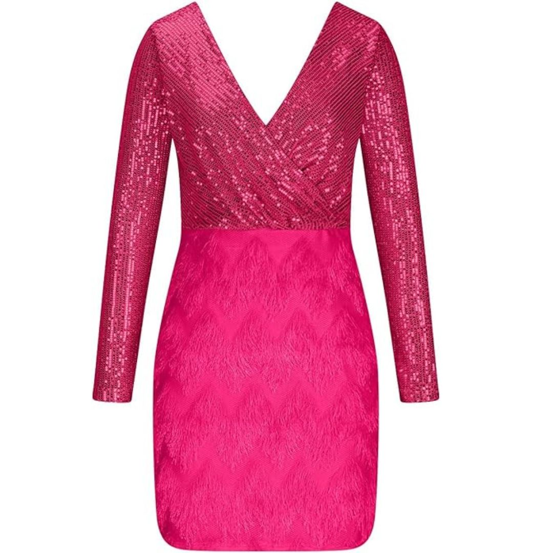 Sequin Wrap Deep V-Neck Long Sleeve Faux Two Piece Fringe Cocktail Mini Dress
