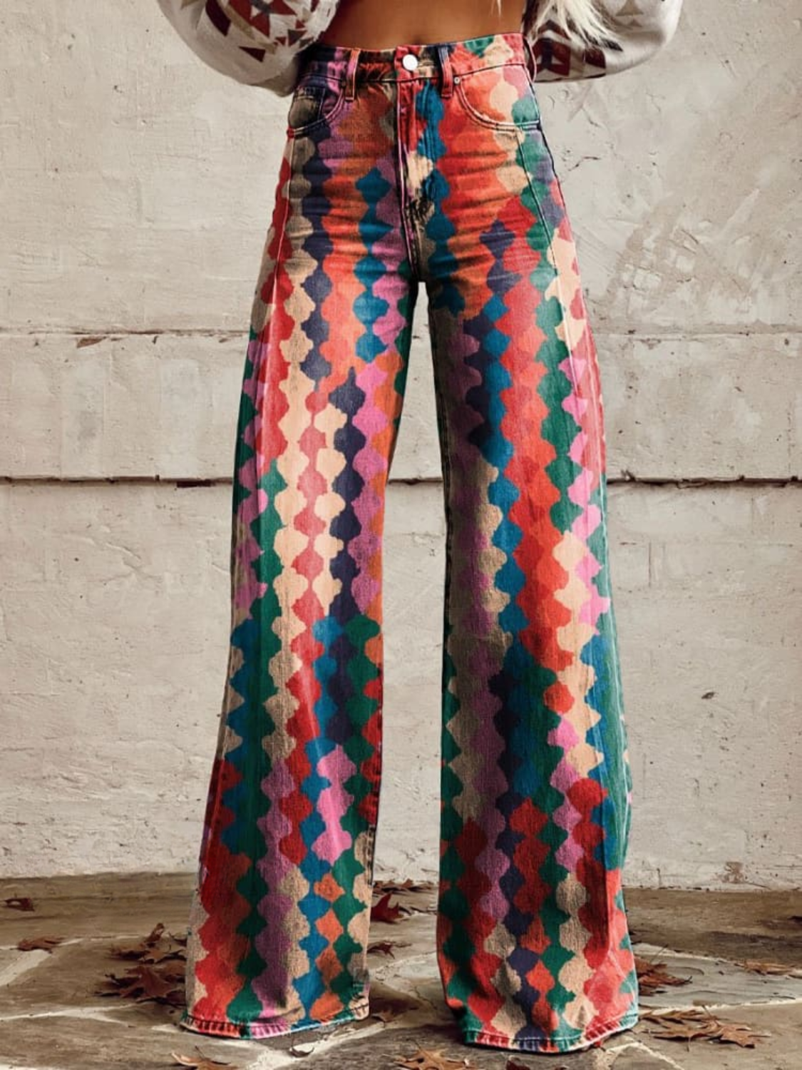 Diamond Print High Waist Wide Leg Pants