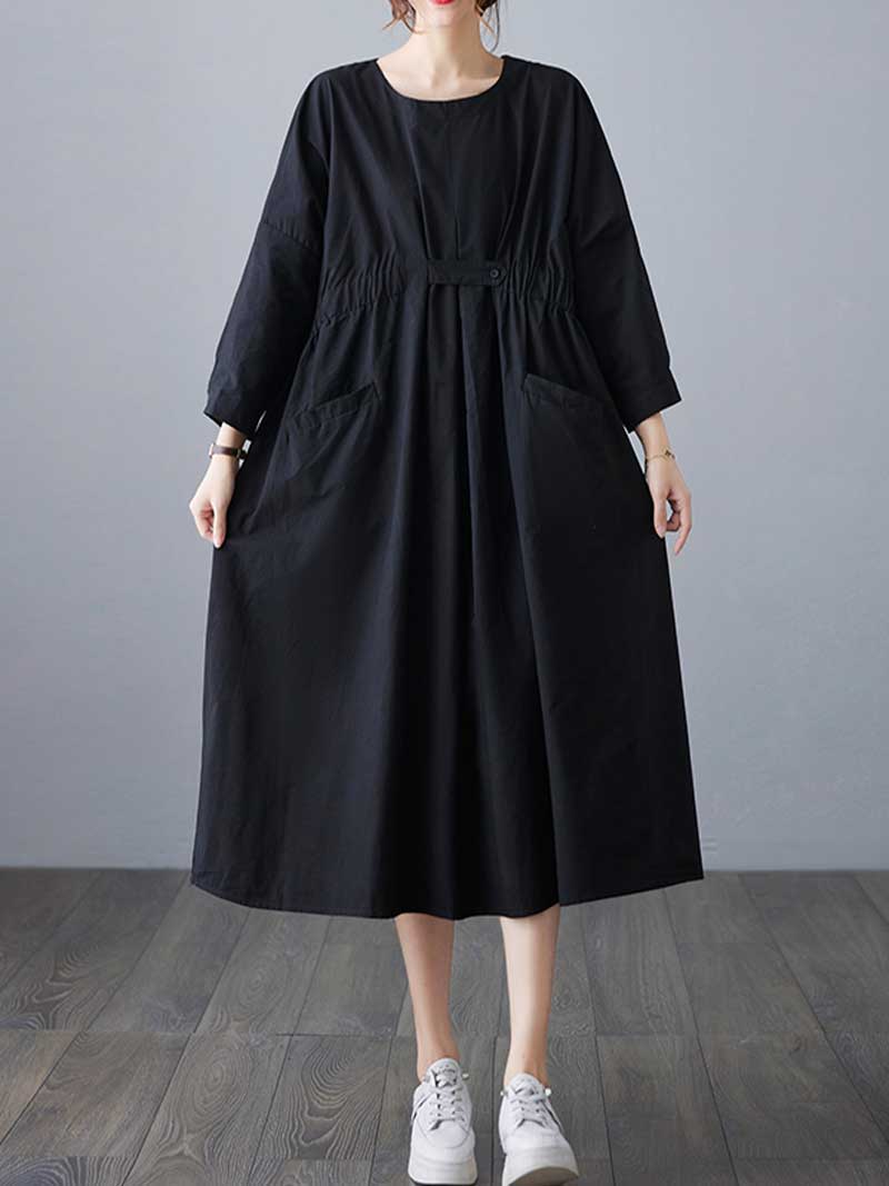 Round Neck Three Quarter Sleeve Gathered Waist Pleated Pocket A-Line Midi Dress