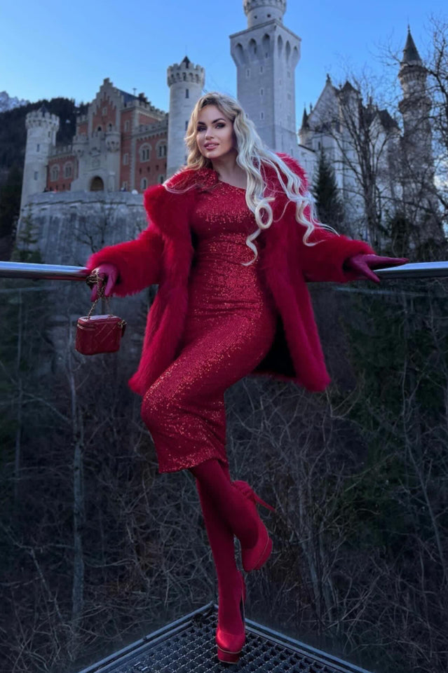 Sequin One Shoulder Long Sleeve Rosette Bodycon Midi Dress
