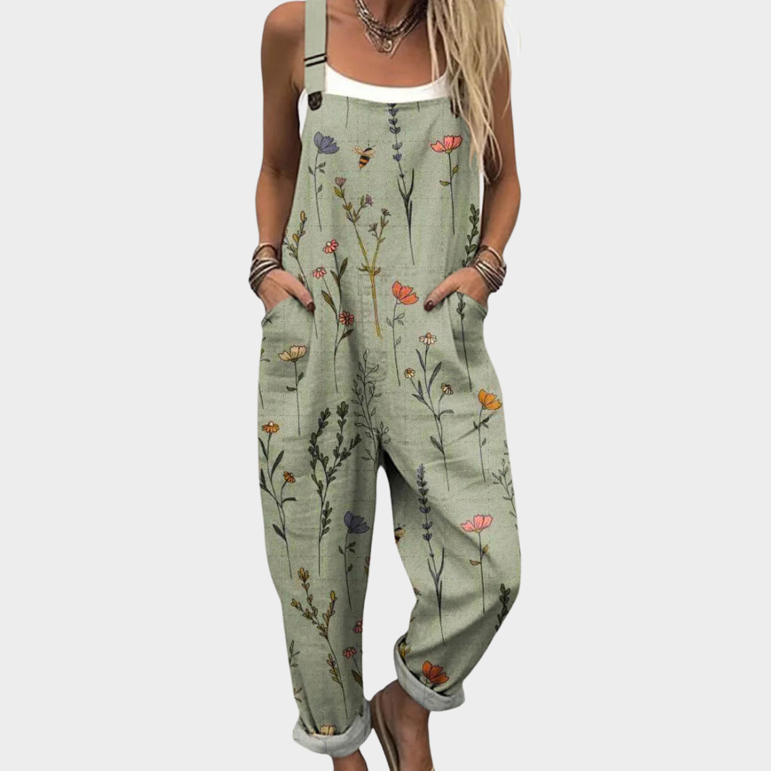 Floral Print Pocket Wide Leg Overall Jumpsuit