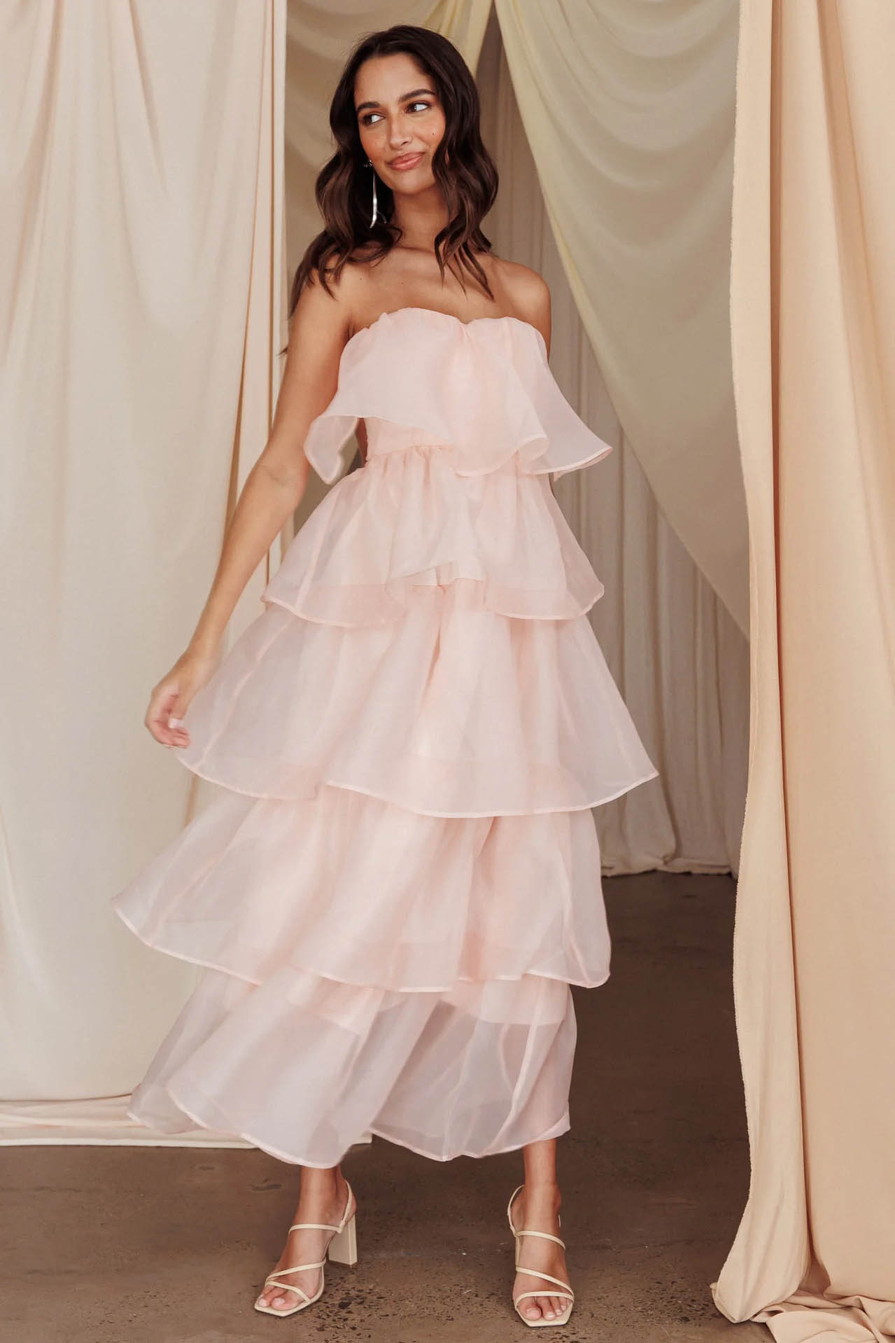 Strapless Backless Tiered Ruffle Organza Maxi Dress