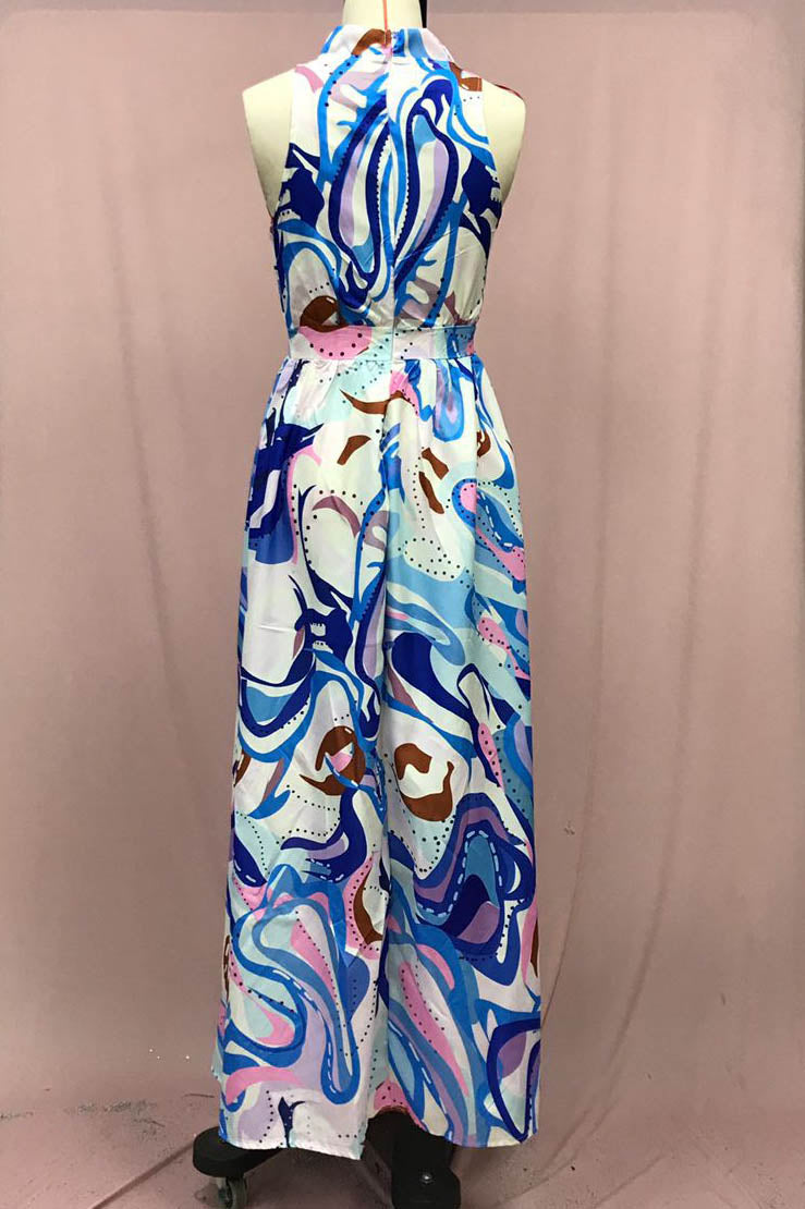 Halter Tie Neck Sleeveless Flowy Maxi Dress