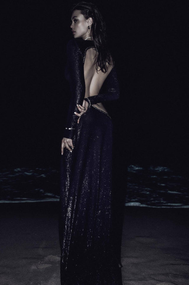 Sequin Long Sleeve Cut Out Backless High Split Gown 6