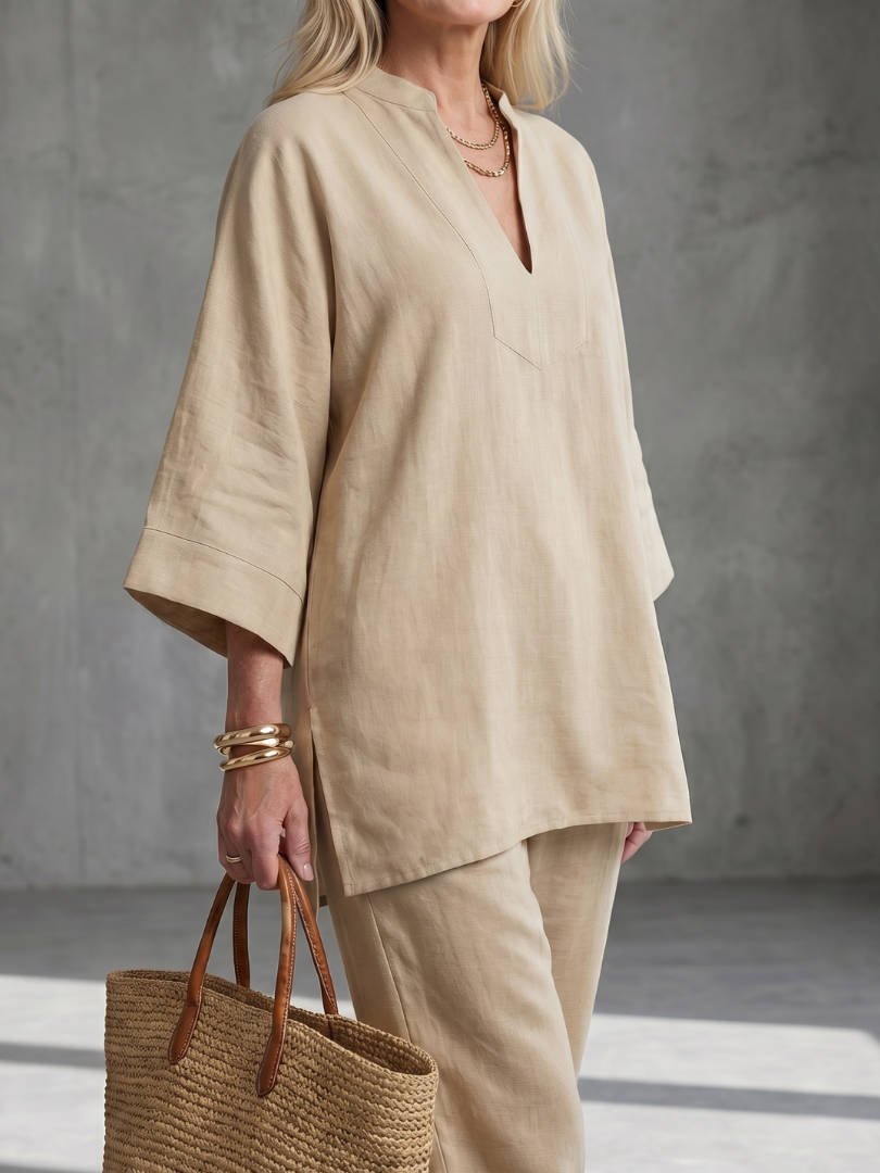 Notch V-Neck Tunic Top and Pants Two Piece Set