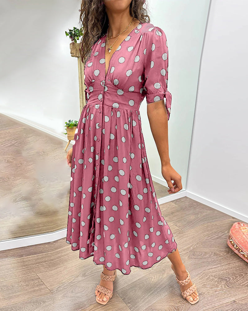 Polka Dot Deep V-Neck Button Front Puff Sleeve Tie Cuff Midi Dress